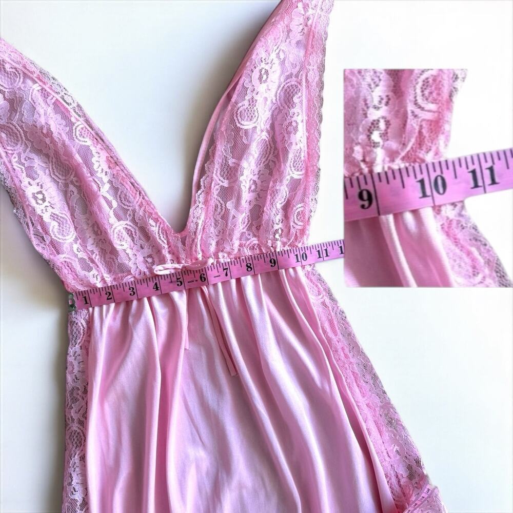 Vintage Pink Nightgown Peekaboo Lace Maxi Lingerie Babydoll Deep V Full Length - Picture 9 of 10